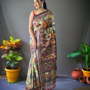 Classic Kalamkari Cotton Saree with Contrast Pallu & Blouse