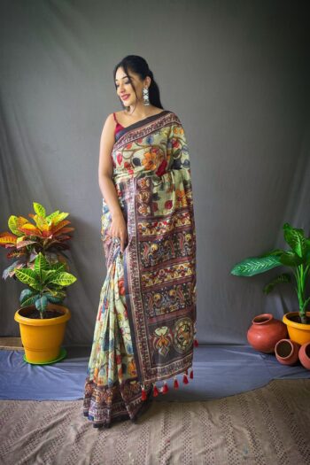 Classic Kalamkari Cotton Saree with Contrast Pallu & Blouse