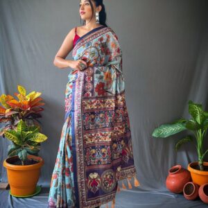 Classic Kalamkari Cotton Saree with Contrast Pallu & Blouse