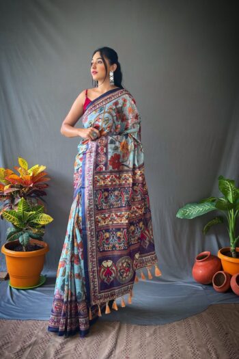 Classic Kalamkari Cotton Saree with Contrast Pallu & Blouse