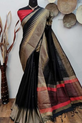 Temple Grace Raw Silk Saree with Woven Border Contrast Pallu