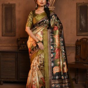 Classic Kalamkari Tussar Silk Saree with Soft Zari Pallu