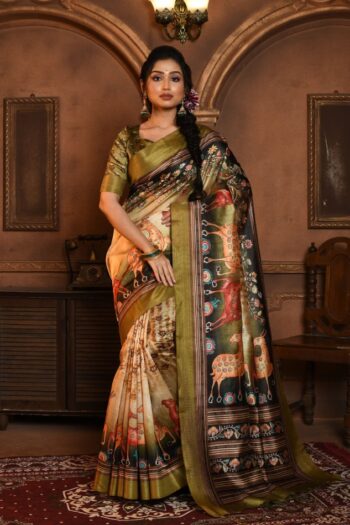 Classic Kalamkari Tussar Silk Saree with Soft Zari Pallu