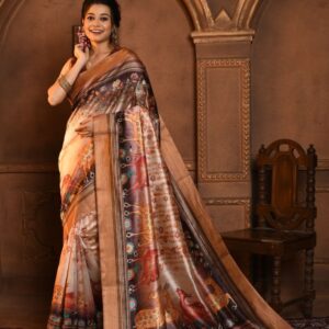 Classic Kalamkari Tussar Silk Saree with Soft Zari Pallu