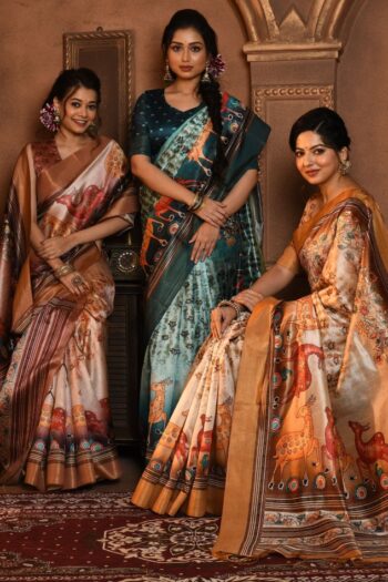 Classic Kalamkari Tussar Silk Saree with Soft Zari Pallu