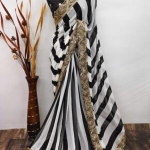 Georgette Black & White Silk Saree with Sequin Lace Border