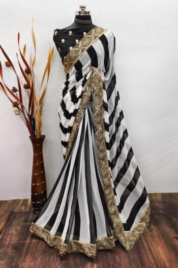 Georgette Black & White Silk Saree with Sequin Lace Border
