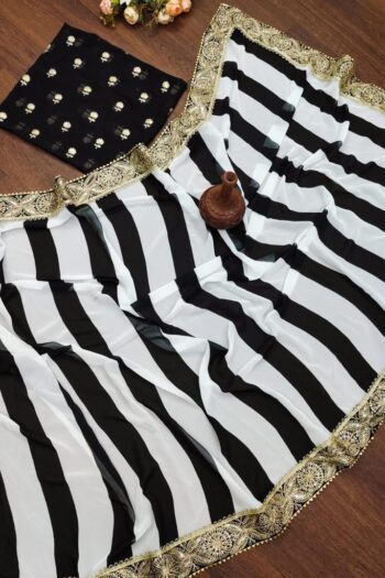 Georgette Black & White Silk Saree with Sequin Lace Border