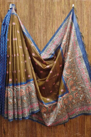 Tussar Silk Saree with Kalamkari Pallu, Traditional Border