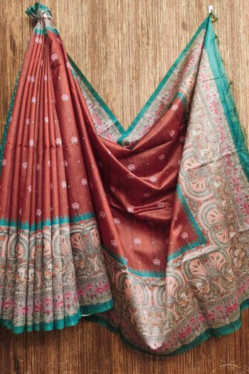 Tussar Silk Saree with Kalamkari Pallu, Traditional Border