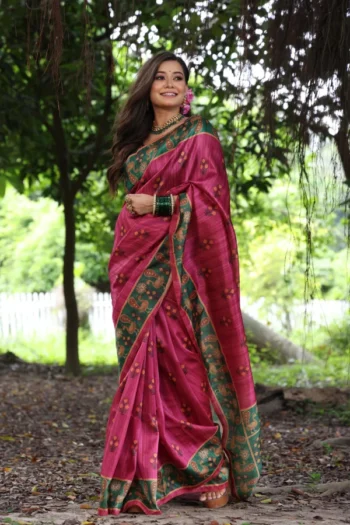 Premium Tussar Silk Saree with Peacock Pichwai Print Border