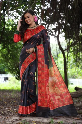 Premium Tussar Silk Saree with Peacock Pichwai Print Border
