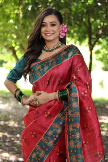 Premium Tussar Silk Saree with Peacock Pichwai Print Border