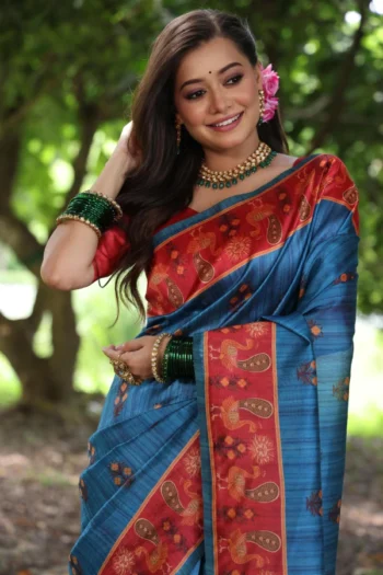 Premium Tussar Silk Saree with Peacock Pichwai Print Border