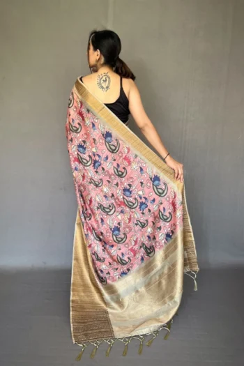 Elegant Cashmere Brown Kalamkari Zari Woven Cotton Saree
