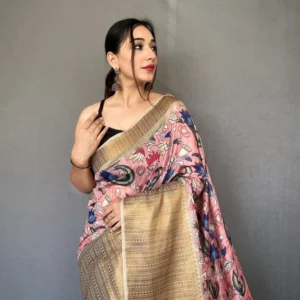 Elegant Cashmere Brown Kalamkari Zari Woven Cotton Saree