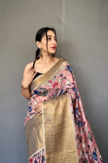 Elegant Cashmere Brown Kalamkari Zari Woven Cotton Saree