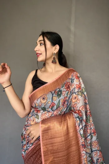 Elegant Cashmere Brown Kalamkari Zari Woven Cotton Saree