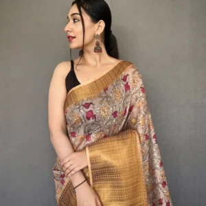 Elegant Cashmere Brown Kalamkari Zari Woven Cotton Saree