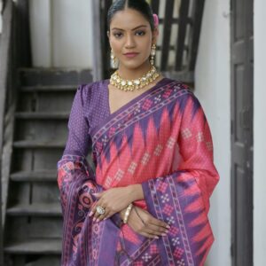 Soft Silk Saree with Polka Dot and Temple Print Border