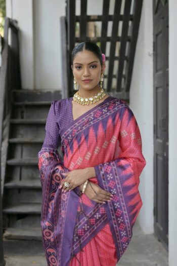 Soft Silk Saree with Polka Dot and Temple Print Border
