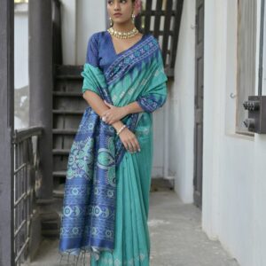 Soft Silk Saree with Polka Dot and Temple Print Border