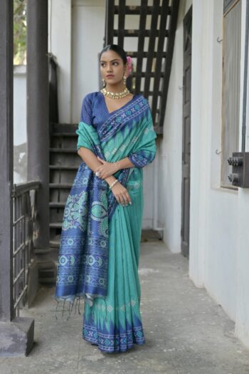 Soft Silk Saree with Polka Dot and Temple Print Border
