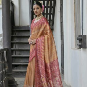 Soft Silk Saree with Polka Dot and Temple Print Border