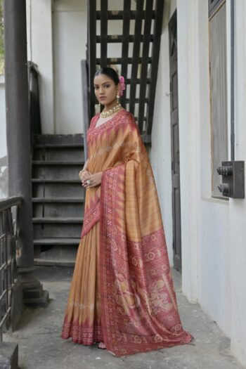 Soft Silk Saree with Polka Dot and Temple Print Border