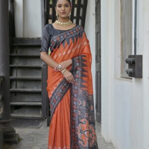 Soft Silk Saree with Polka Dot and Temple Print Border