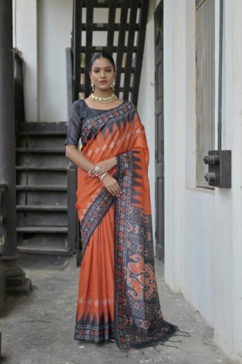 Soft Silk Saree with Polka Dot and Temple Print Border