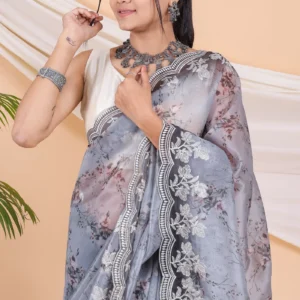 Pure Organza Silk Saree with Floral Prints & Kalamkari Pallu