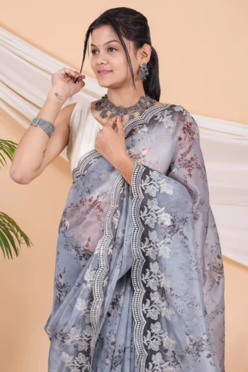 Pure Organza Silk Saree with Floral Prints & Kalamkari Pallu
