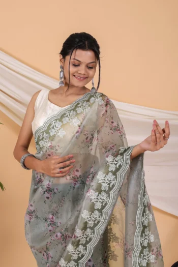 Pure Organza Silk Saree with Floral Prints & Kalamkari Pallu