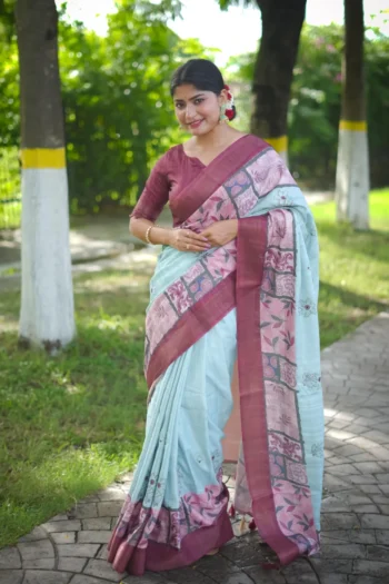 Soft Tussar Silk Saree with Classic Floral Embroidery