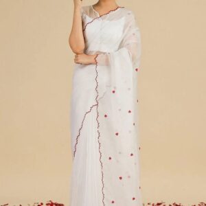 Organza Silk Saree with Aari Work and Contrast Blouse