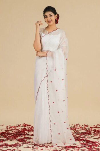 Organza Silk Saree with Aari Work and Contrast Blouse