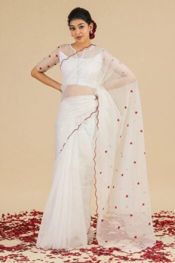 Organza Silk Saree with Aari Work and Contrast Blouse