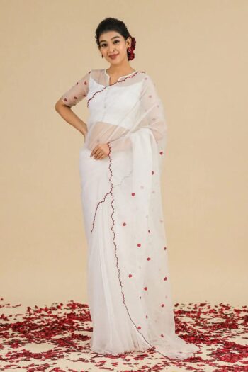 Organza Silk Saree with Aari Work and Contrast Blouse