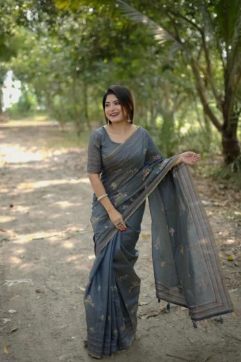 Premium Khadi Tussar Silk Saree, Kantha Stitch & Thread Work