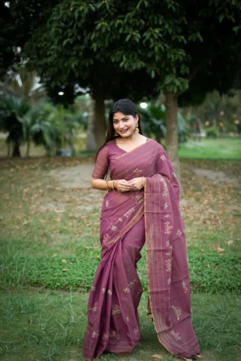 Premium Khadi Tussar Silk Saree, Kantha Stitch & Thread Work