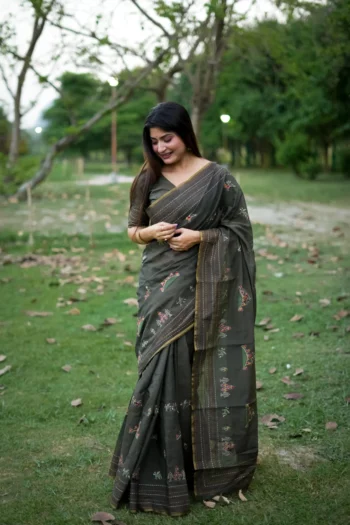 Premium Khadi Tussar Silk Saree, Kantha Stitch & Thread Work