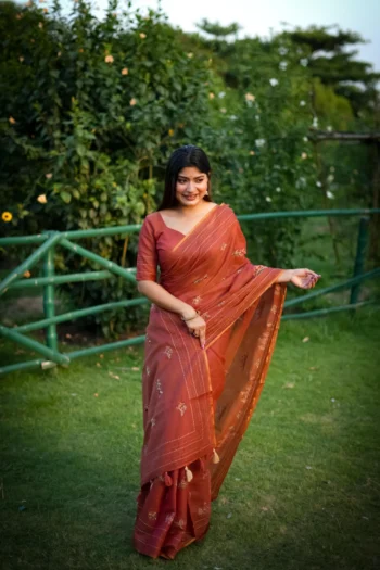 Premium Khadi Tussar Silk Saree, Kantha Stitch & Thread Work