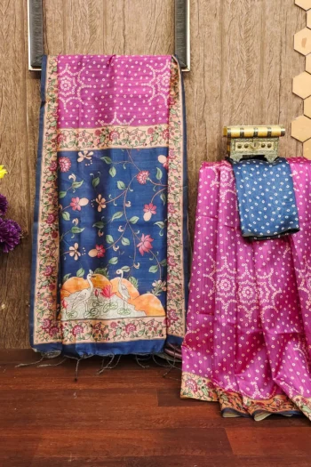 Soft Desi Raw Silk Saree with Bandhani Butti, Kalamkari Border