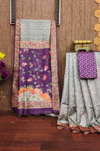 Soft Desi Raw Silk Saree with Bandhani Butti, Kalamkari Border