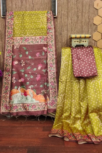 Soft Desi Raw Silk Saree with Bandhani Butti, Kalamkari Border