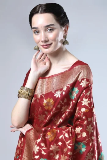 Royal Tussar Silk Jamdani Saree with Zari Border & Tassels