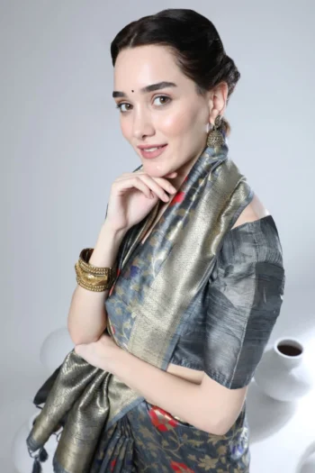 Royal Tussar Silk Jamdani Saree with Zari Border & Tassels