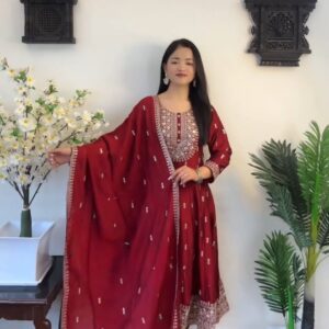 Red Royalty Luxury Chinon Silk Gown-Pant-Dupatta Trio