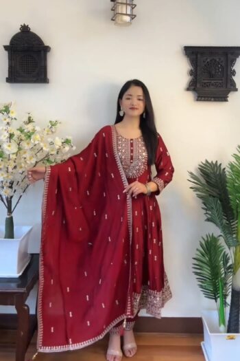 Red Royalty Luxury Chinon Silk Gown-Pant-Dupatta Trio
